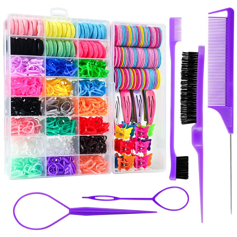 Hair Accessories Set for Girls Toddlers  Colorful Small Bands for Hair No Damage Elastic Hair Ties Clips and Topsy Tail Tools